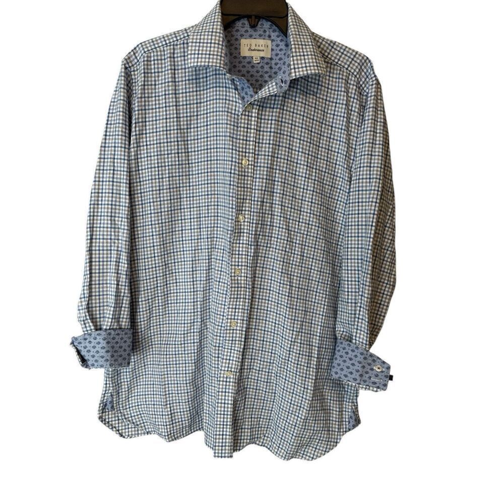 Ted Baker Mens Endurance Blue, & White Check Shirt Pattern Cuff 16.5”32/33”